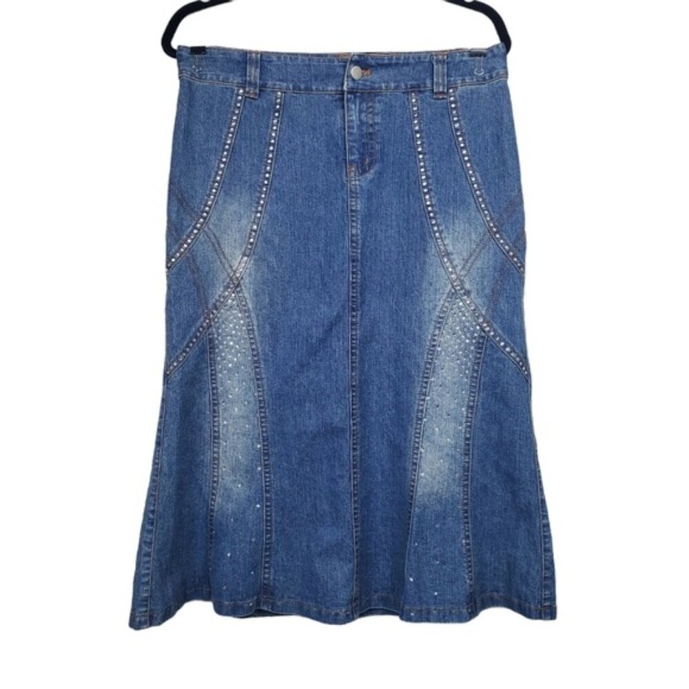 Cache Womens Blue Rhinestone Embellished Denim Skirt Size 6